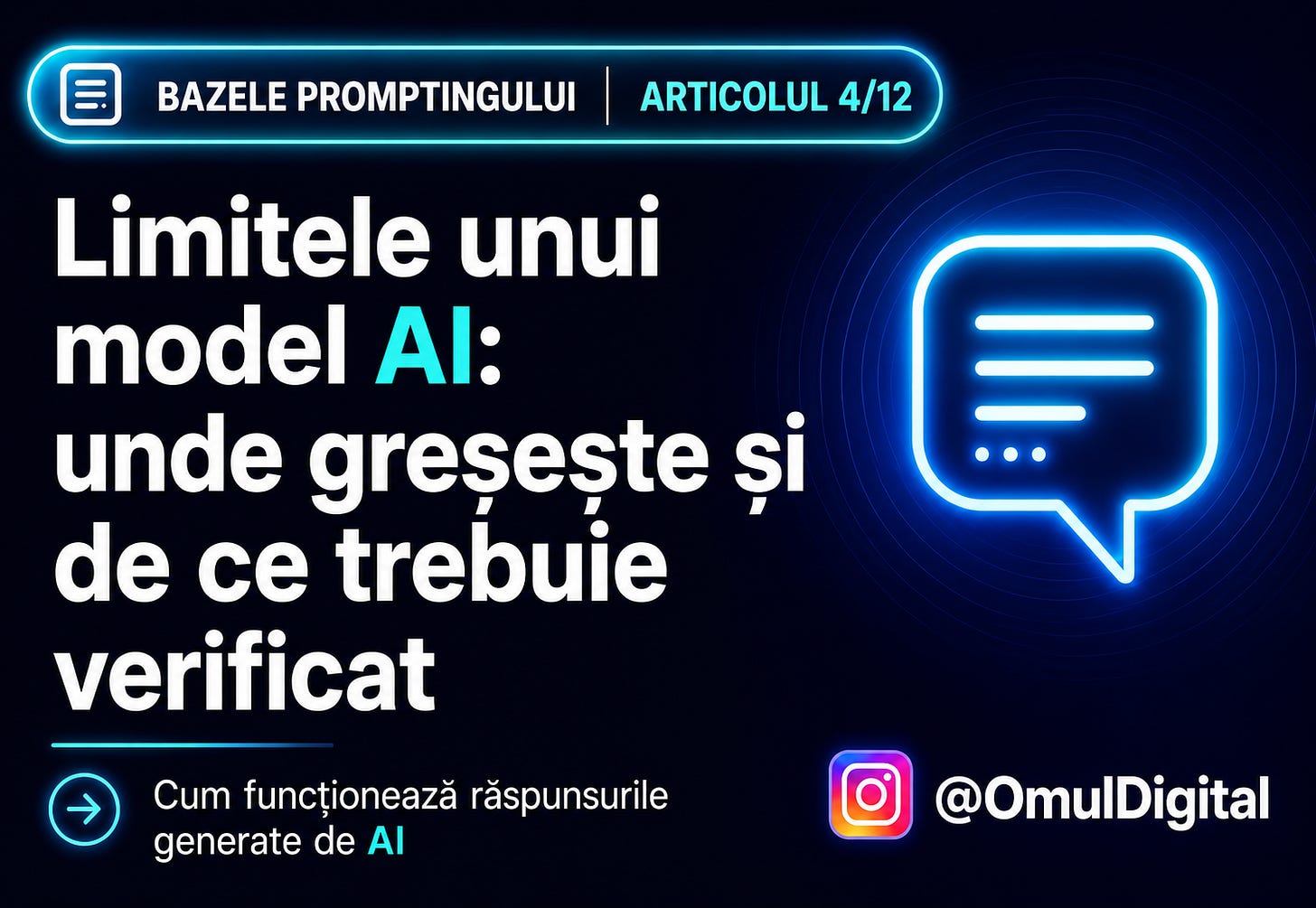 Cover pentru seria „Bazele promptingului” de la Omul Digital, cu titlul articolului, icon de chat și design mov dedicat materialelor despre prompt engineering. Cover pentru seria „Bazele promptingului” de la Omul Digital, cu titlul articolului, icon de chat și design mov dedicat materialelor despre prompt engineering.