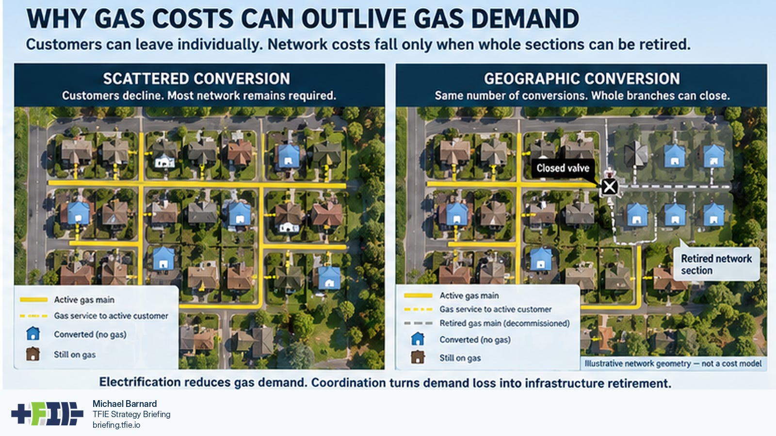 Two identical neighbourhood gas networks with the same number of converted buildings. In the first, conversions are scattered and nearly all gas mains remain active. In the second, conversions are concentrated on complete branches that can be isolated and retired.