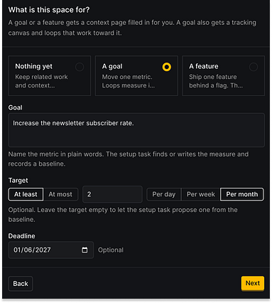 The PostHog Desktop "What is this space for?" setup form. "A goal" is selected over "Nothing yet" and "A feature." The goal field reads "Increase the newsletter subscriber rate," with a target of at least 2 per month and a deadline of 01/06/2027.