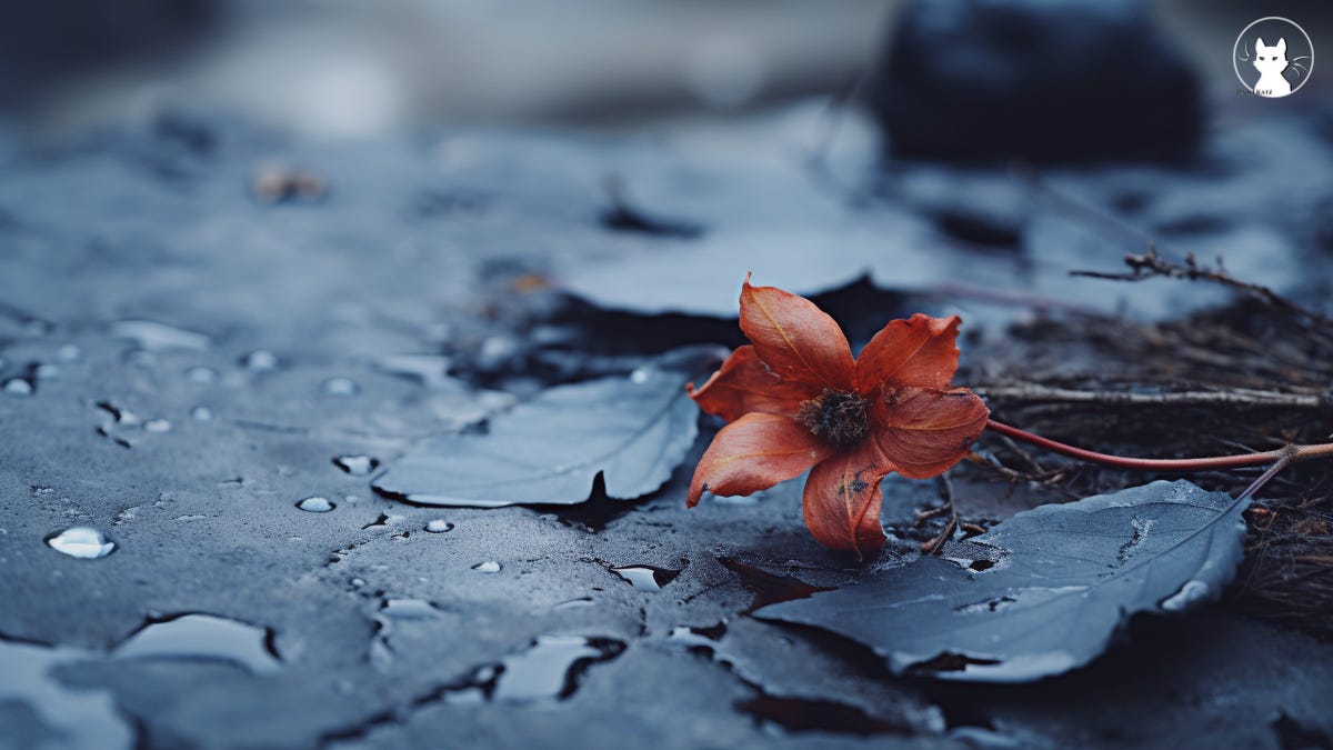 Image of a single red, wilted flower and fallen leaves on wet asphalt