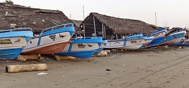 Small fishing boats line the beach of Crucita Small fishing boats line the beach of Crucita
