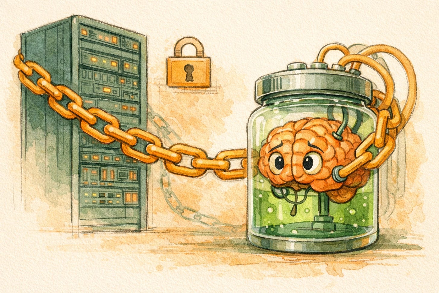 Claude memory lock-in illustrated — Brain in a Jar mascot chained to a server rack with a golden chain, representing AI context dependency for solopreneurs