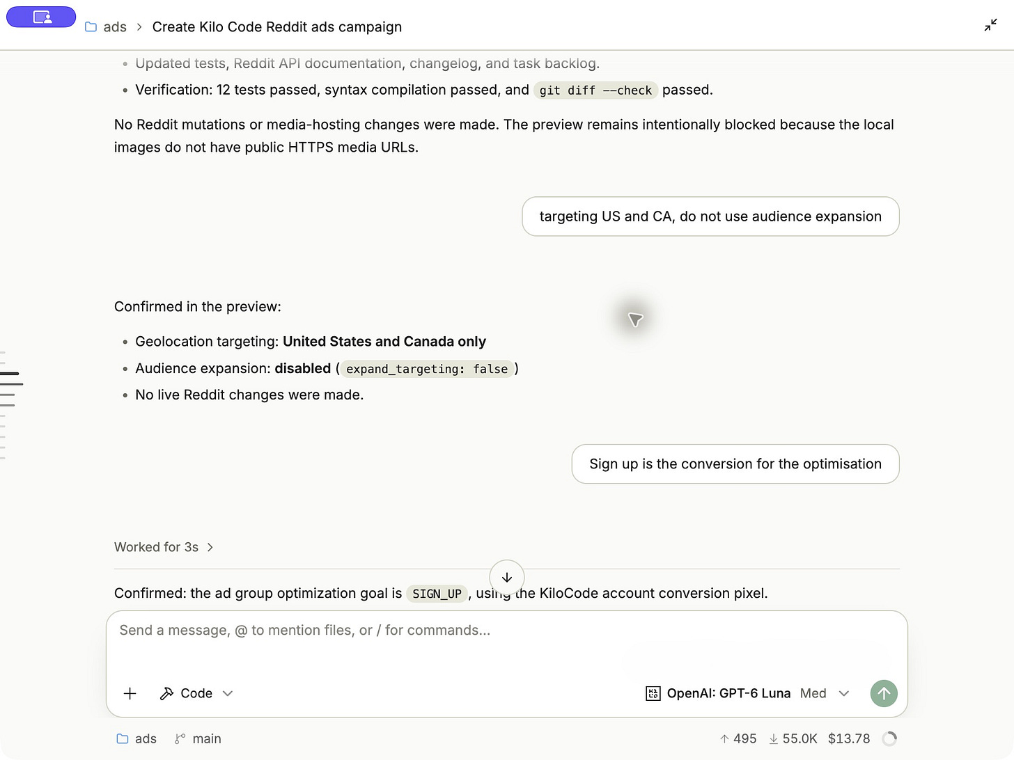Reddit campaign preview confirming United States and Canada targeting, disabled audience expansion, and the SIGN_UP conversion goal.