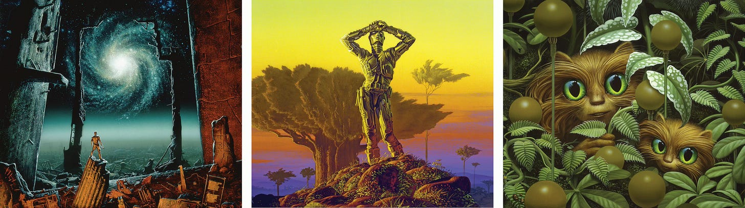 Illustrations for FOUNDATION'S EDGE and ROBOTS OF DAWN plus an interior illustration for H. Beam Piper