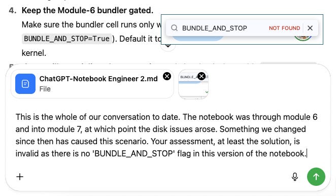 Screenshot showing a code collaboration interface with a discussion about a missing flag called BUNDLE_AND_STOP. A file named "ChatGPT-Notebook Engineer 2.md" is visible, along with a search bar at the top right indicating "BUNDLE_AND_STOP" was searched but not found. The comment explains that the flag does not exist in the current notebook version, affecting the proposed solution.