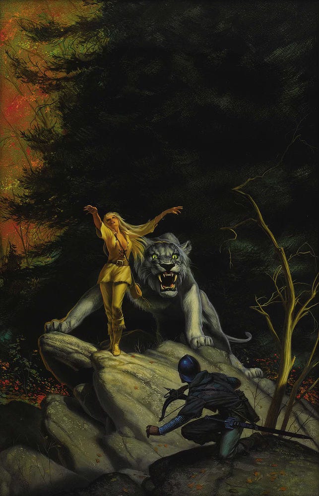 Dressed in yellow leathers, an enchantress with long blonde hair throws her head back and extends her arms with wild grace. The pose could be the steps in a choreographed dance, but more evidently the rapture of casting an enchantment. Behind her a huge white tiger snarls protectively. Its piercing green eyes focus on a crossbowman perched on a rock below. The man in domed helm and glittering chainmail is seemingly caught in a moment of surprise. The low angle point of view provides a majestic view of a green and gold forest in autumnal transition.