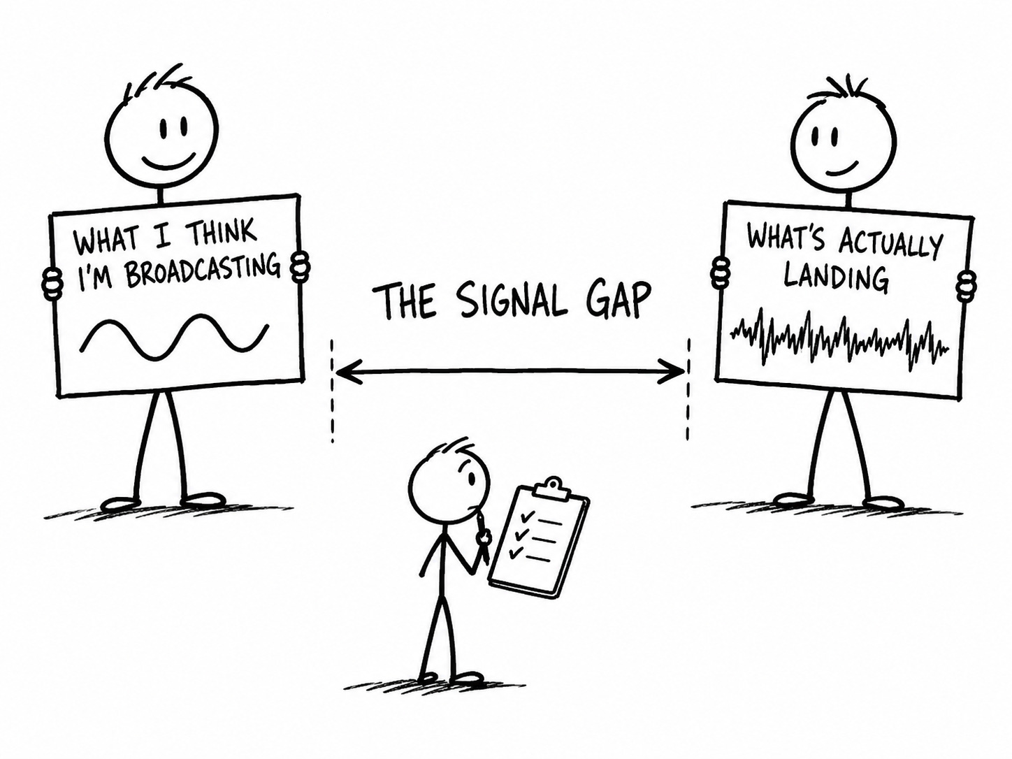 Hand-drawn diagram of two stick figures holding signs labeled "What I Think I'm Broadcasting" and "What's Actually Landing," with a double-headed arrow spanning the space between them labeled "The Signal Gap." Illustrates the disconnect between intended and actual publishing frequency — a content strategy and audience trust concept for newsletter creators.
