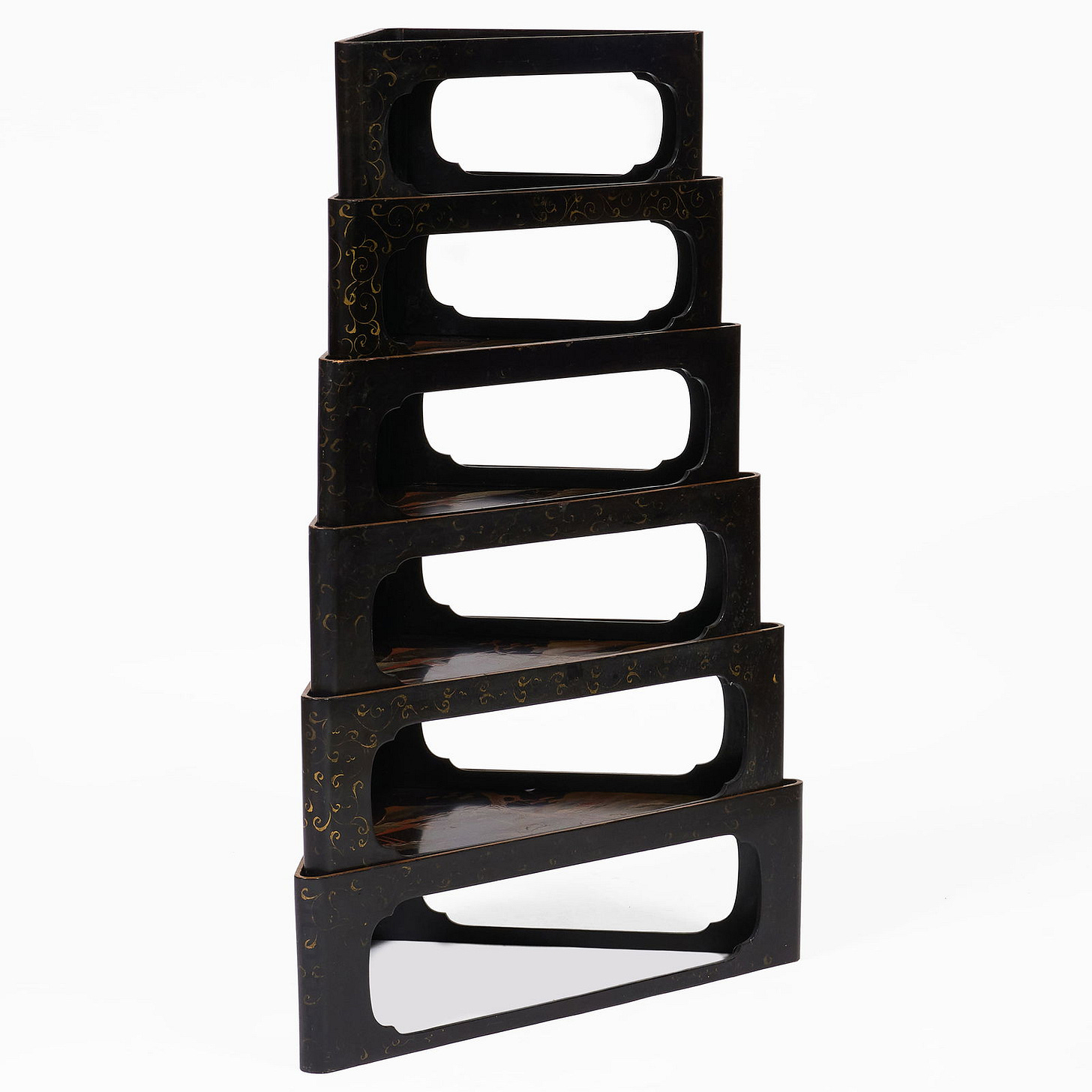 Set of Six Japanese Black Lacquer and Parcel-Gilt Stacking Corner Tables