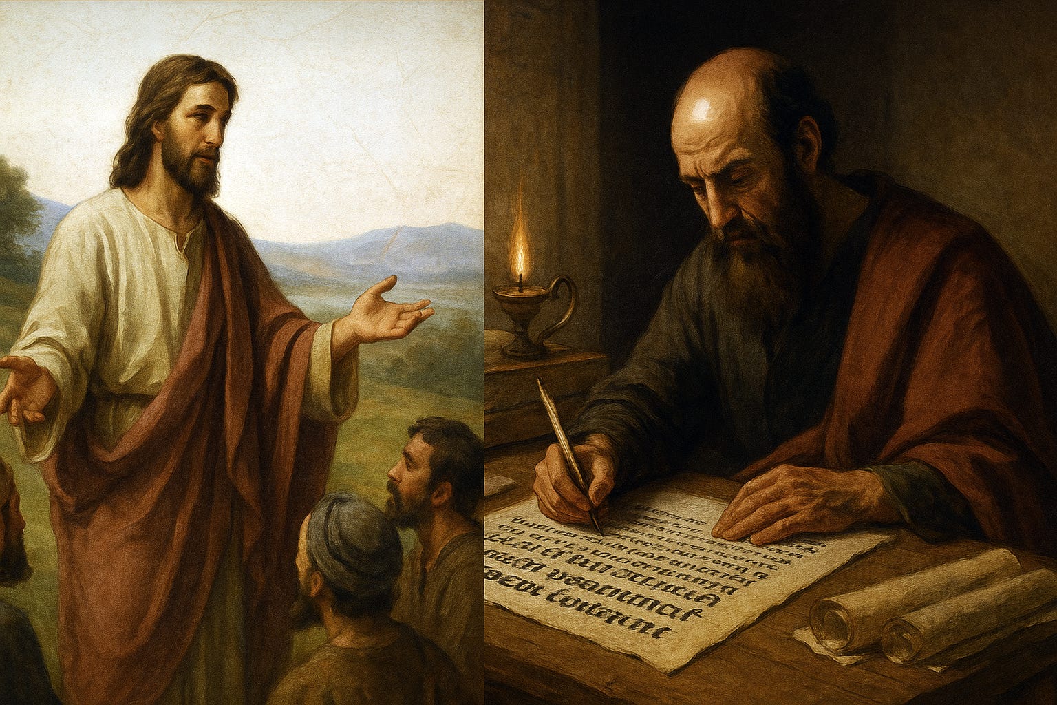 artwork showing Jesus teaching outdoors on the left and Paul writing at a desk on the right, symbolizing the shift from Jesus’ original message to Paul’s doctrines.