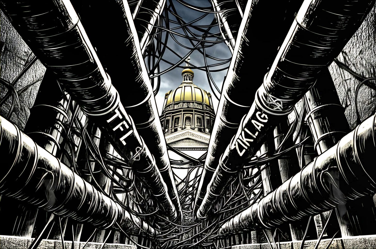 Dark graphic novel style illustration. From a low angle, the view looks up through a complex, tangled network of dark, worn industrial pipes and wires. Prominent pipes are labeled "TFL" and "ZIKLAG" (with a faint dollar sign). The pipes converge towards the Iowa State Capitol dome, visible in the distance under an ominous sky, symbolizing the hidden infrastructure funneling dark money and influence into state government. Dark graphic novel style illustration. From a low angle, the view looks up through a complex, tangled network of dark, worn industrial pipes and wires. Prominent pipes are labeled "TFL" and "ZIKLAG" (with a faint dollar sign). The pipes converge towards the Iowa State Capitol dome, visible in the distance under an ominous sky, symbolizing the hidden infrastructure funneling dark money and influence into state government.
