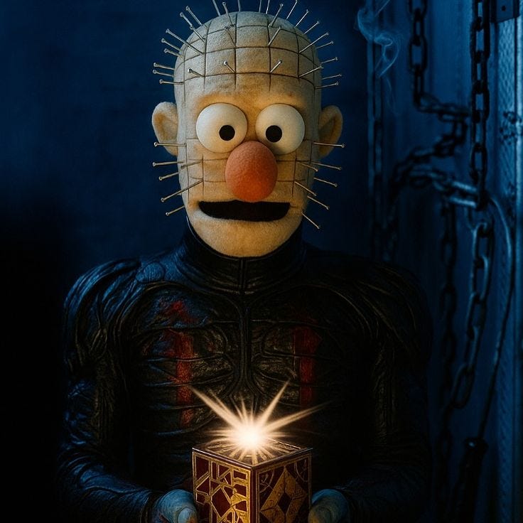 This may contain: the puppet is holding a box with a light on it