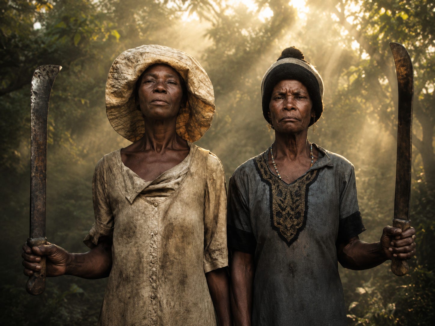 Enhanced cinematic recreation inspired by historic Maroon imagery in Jamaica, portraying two women standing with dignity, endurance, and the fierce presence that defined generations of resistance and survival.