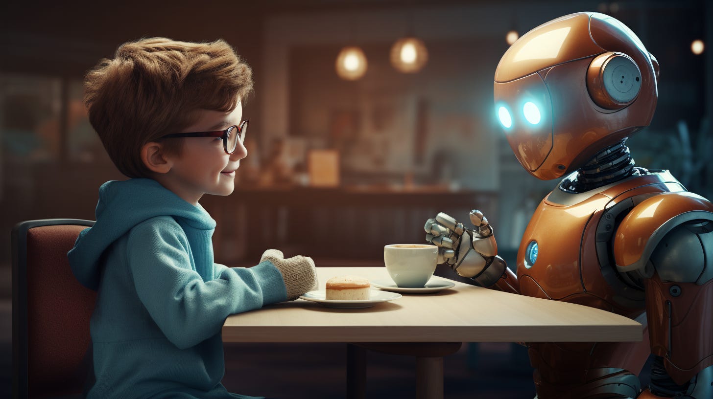 Midjournepprompt: a robot casually chatting with a human being , colors of Burnt Orange and Air Superiority Blue Midjournepprompt: a robot casually chatting with a human being , colors of Burnt Orange and Air Superiority Blue