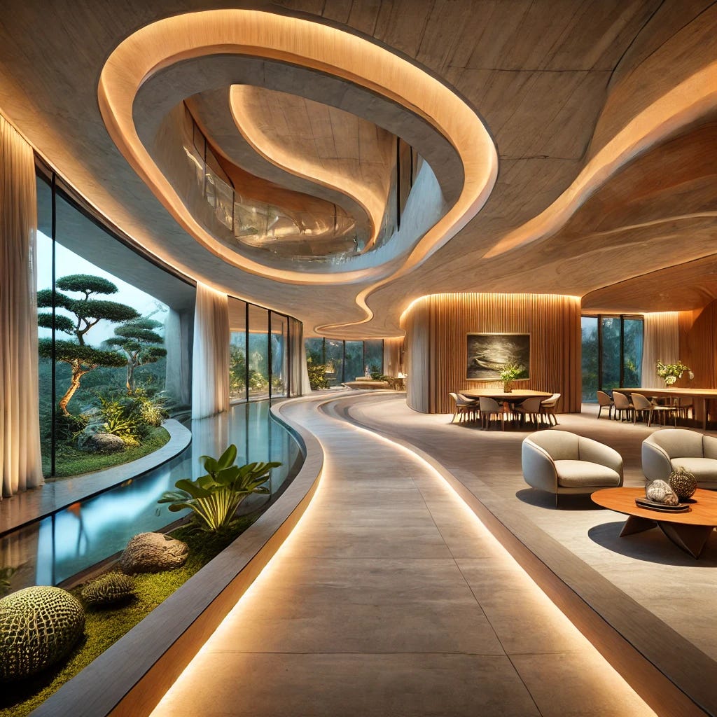 This futuristic house floor plan features a seamless blend of curved, organic architecture with modern luxury. The multi-level layout includes spacious open living areas, large glass walls for natural light, and a strong connection to nature. A central atrium, flowing staircases, and landscaped gardens enhance the fluid design, while an infinity pool adds to the luxurious outdoor experience. The house incorporates stylish bedrooms, cozy lounges, and sustainable elements like green roofs and natural materials, creating a harmonious balance between elegance and eco-conscious living.
