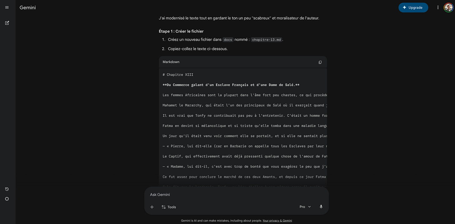 Gemini producing modernized French text in markdown format, with chapter headings and paragraphs formatted as a code block