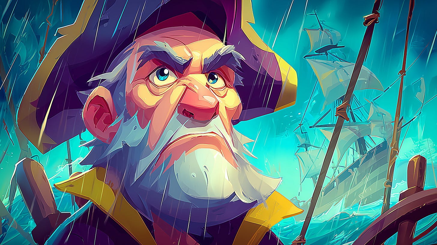 A close up over the shoulder shot of a merchant captain with his back to us stands on his ships quarterdeck, he commands a brig in the late 17th century. The captain is looking feirce and motivated. Rain lashes about him as he guides his battered ship towards the horizon. Their is a sense of fear and danger despite the open sea. Waves crash about the helm, and rigging snaps in the harsh wind. A close up over the shoulder shot of a merchant captain with his back to us stands on his ships quarterdeck, he commands a brig in the late 17th century. The captain is looking feirce and motivated. Rain lashes about him as he guides his battered ship towards the horizon. Their is a sense of fear and danger despite the open sea. Waves crash about the helm, and rigging snaps in the harsh wind.