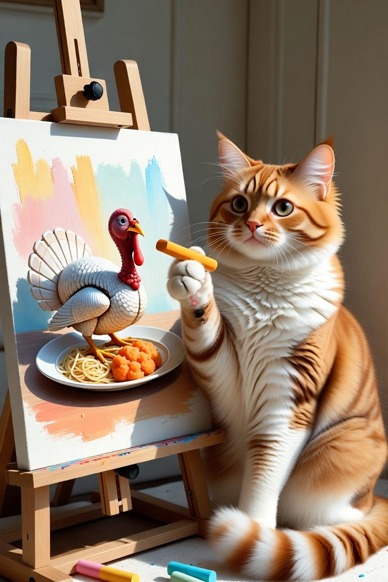 An adorable orange tabby cat holding a pastel crayon, standing in front of an easel of a drawing of a dinner plate with a turkey at the center, and accompanied by a side of pasta and cantaloupe. He stares at the photographer, seemingly saying, “What? There’s nothing unusual happening here.”