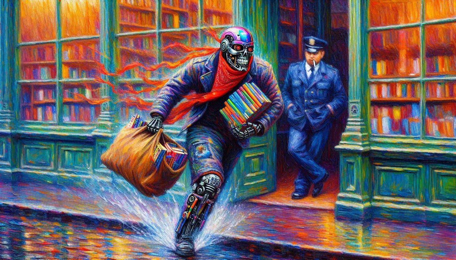 A cyborg with a red bandana covering its nose and chin rushes out of a library, carrying a large bag of books over one shoulder and a pair of books underneath its other arm. An indifferent policeman watches as he leans against one of the library's pillars and smokes a cigarette. Impresionist style of Claude Monet. Wet effect.