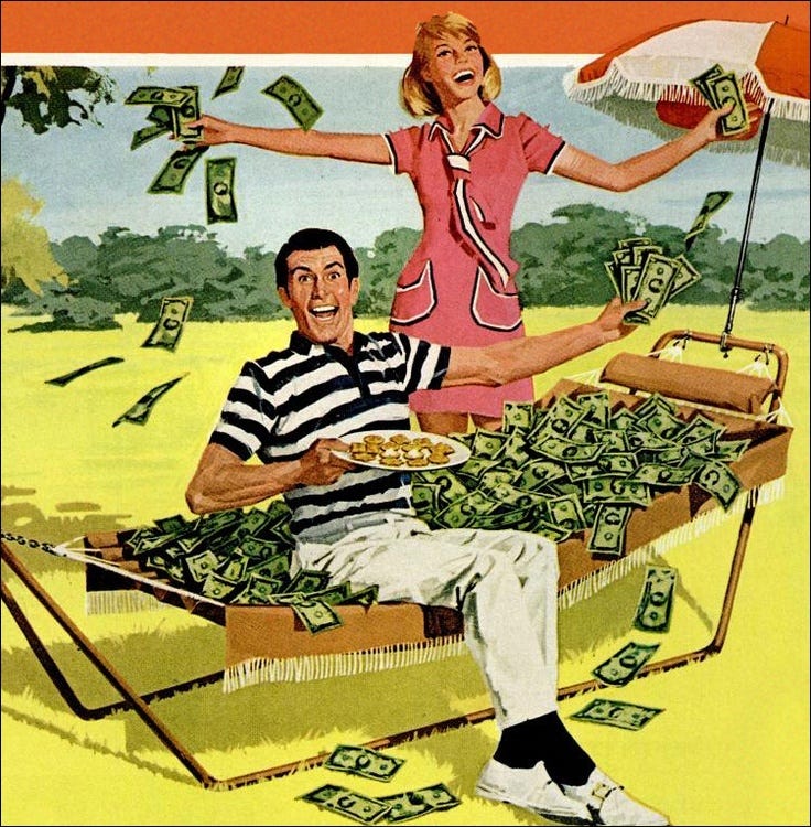 This may contain: a man and woman sitting on a lawn chair full of money This may contain: a man and woman sitting on a lawn chair full of money
