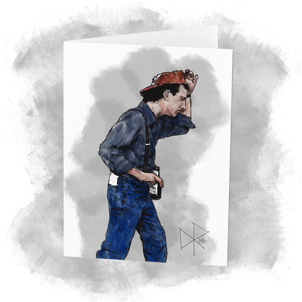 A man at a party, hurriedly headed into a fresh situation. He is wearing a backwards baseball cap and suspenders for his jeans. He carries a beer in one hand and a folded paper in his back pocket. Sketch art by Don Rice. A man at a party, hurriedly headed into a fresh situation. He is wearing a backwards baseball cap and suspenders for his jeans. He carries a beer in one hand and a folded paper in his back pocket. Sketch art by Don Rice.