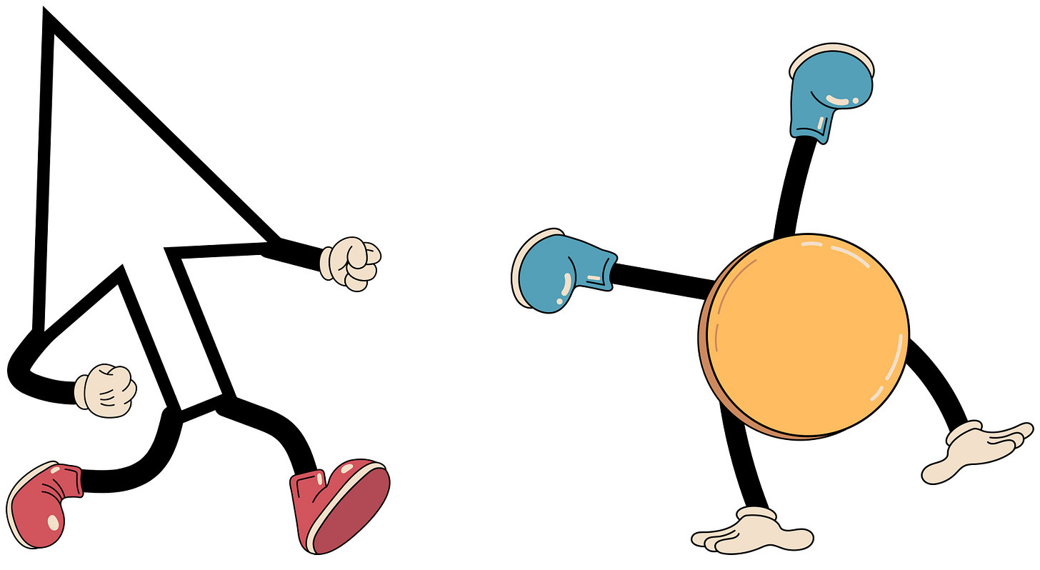 A cartoon cursor chasing an animated button. 