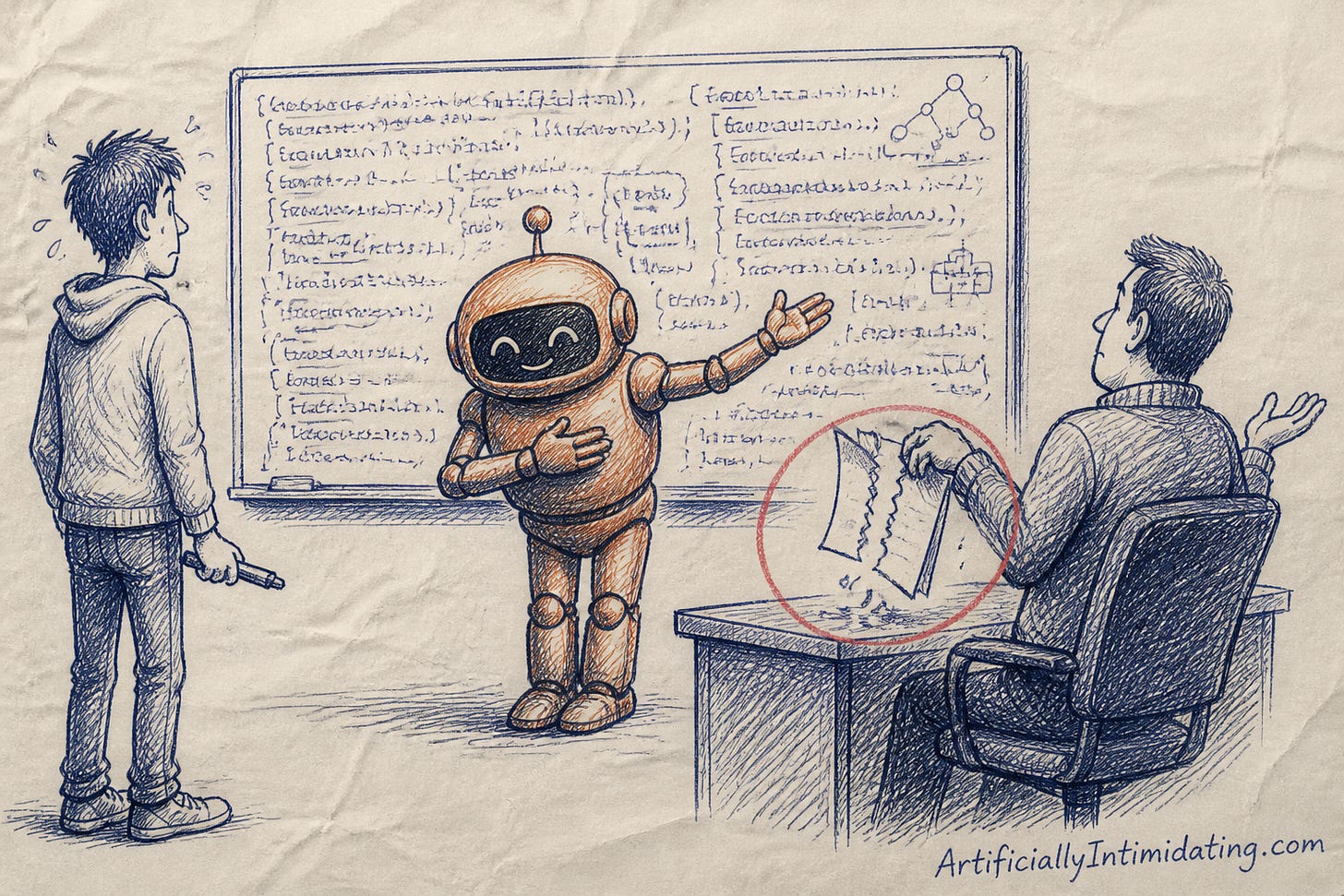 A rust-orange robot has filled a whiteboard with solved code and takes a bow while a nervous candidate holds a marker and a hiring manager tears up a sheet of questions, circled in red.
