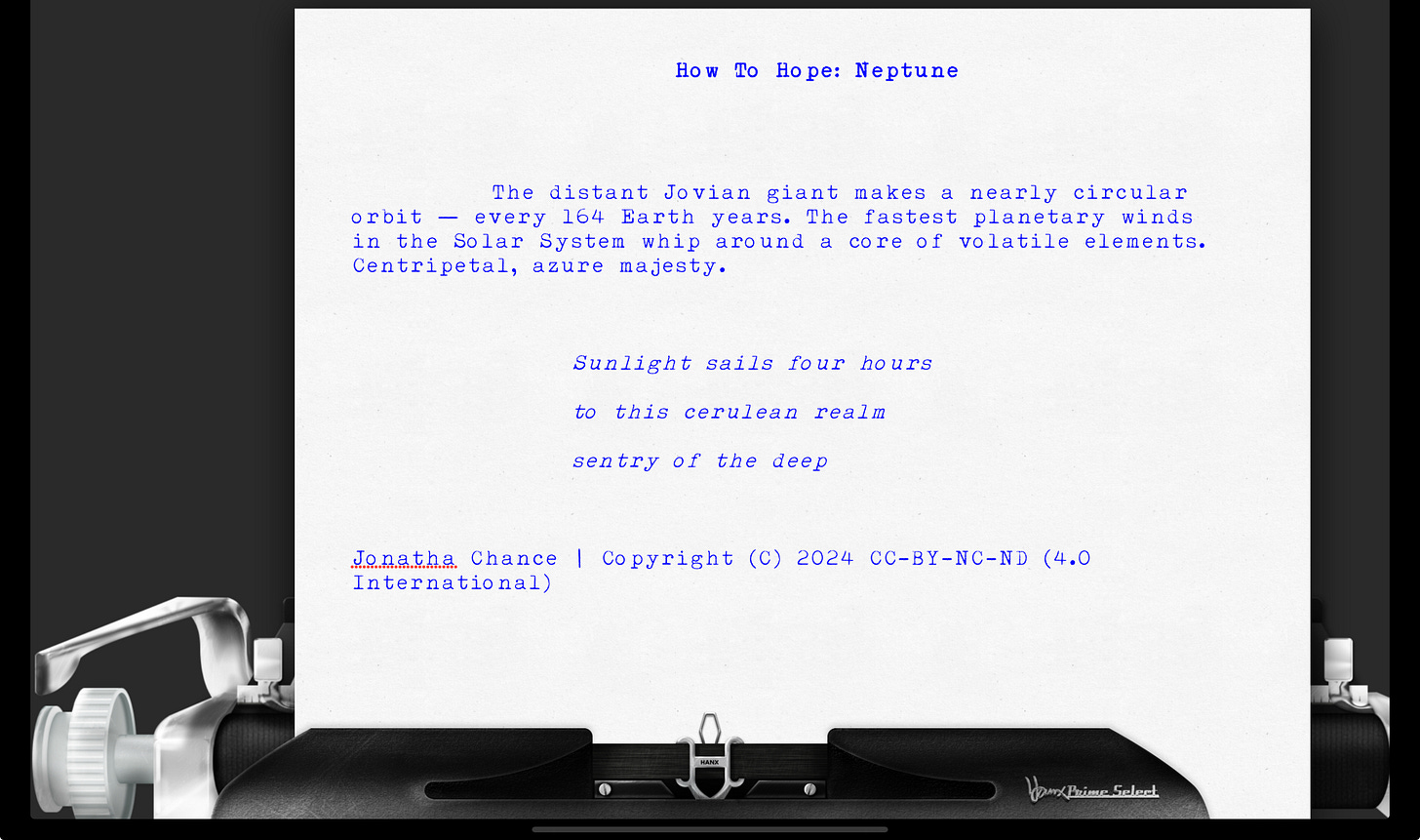 Image of 17 sounds by Jonatha Chance rendered upon the Hanx Prime Select virtual typewriter with Hanx Writer app.