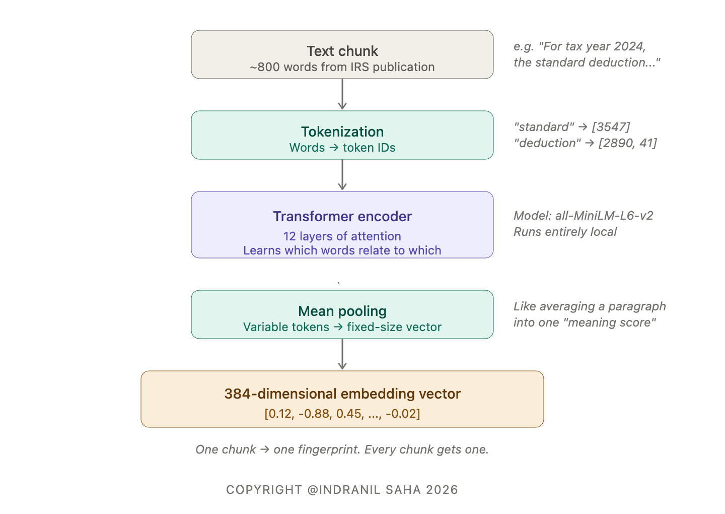 A vertical flow diagram showing the embedding process in the AI tax assistant. An 800-word IRS text chunk is tokenized into word IDs, processed through a 12-layer transformer encoder (model: all-MiniLM-L6-v2, running locally), averaged through mean pooling into a fixed-size vector, and output as a 384-dimensional embedding vector. Annotations on the right show examples at each stage: "standard" becomes token [3547], "deduction" becomes [2890, 41]. 