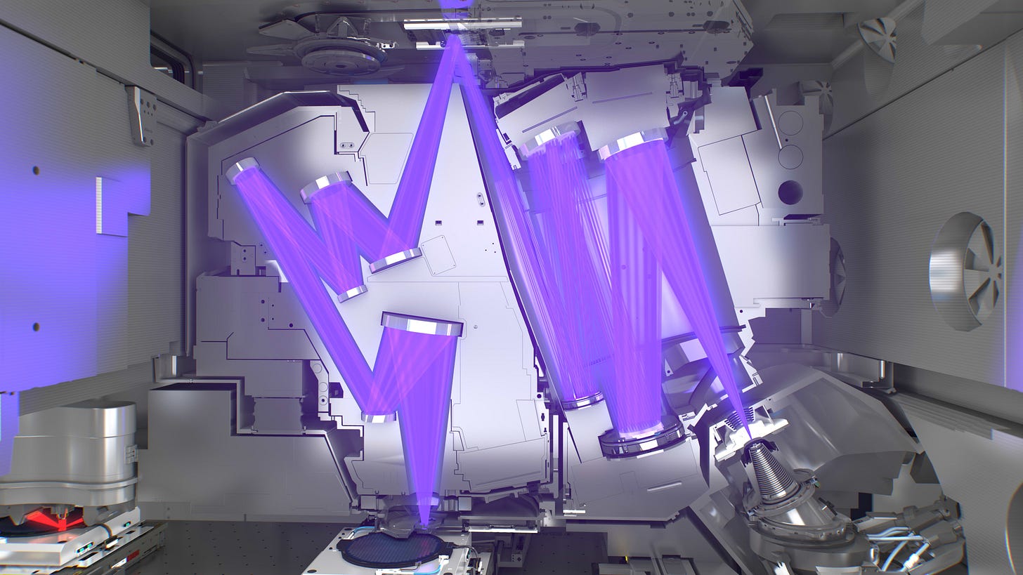 Light bouncing around an ASML EUV lithography machine. Light bouncing around an ASML EUV lithography machine.