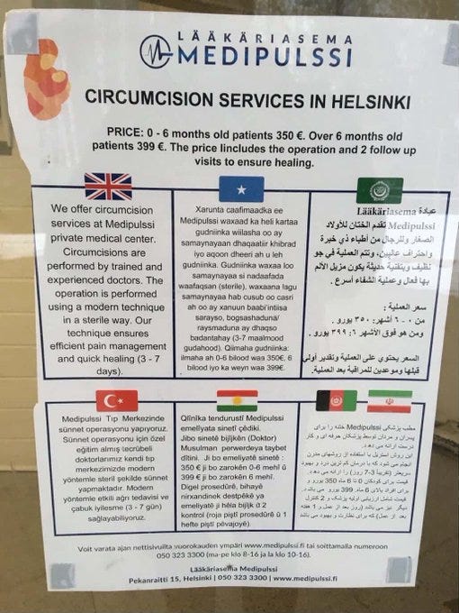 Mainoslehtisessä korostetaan ”koulutettujen ja kokeneiden lääkärien” suorittamia toimenpiteitä, ja siinä on tekstiä useilla kielillä sekä muslimimaiden lippuja.