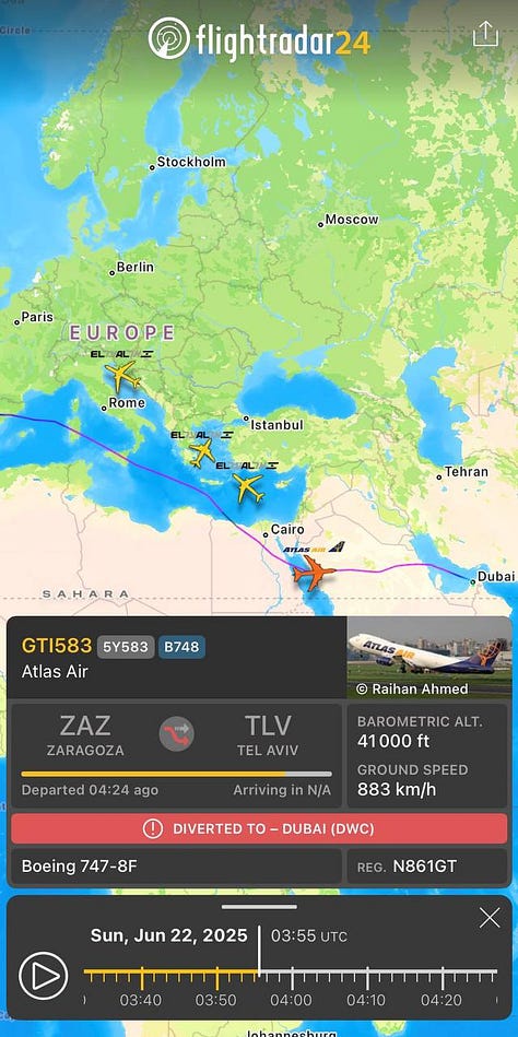 Flight tracking data from June 22, 2025, shows commercial aviation suddenly diverting around Iranian airspace in the early morning hours, providing the first public evidence of military operations before any official announcements. Multiple El Al flights and other carriers changed course dramatically, suggesting coordination with military planners. Credit: Flightradar24