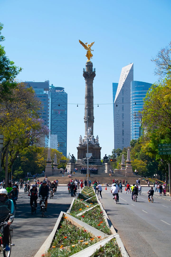 One of the many, many cortados I consumed on our last trip. Bicycles and pedestrians on Avenida Reforma on a Sunday when it's closed to cars (photo Alejandro Giraldo Ortega, unsplash).