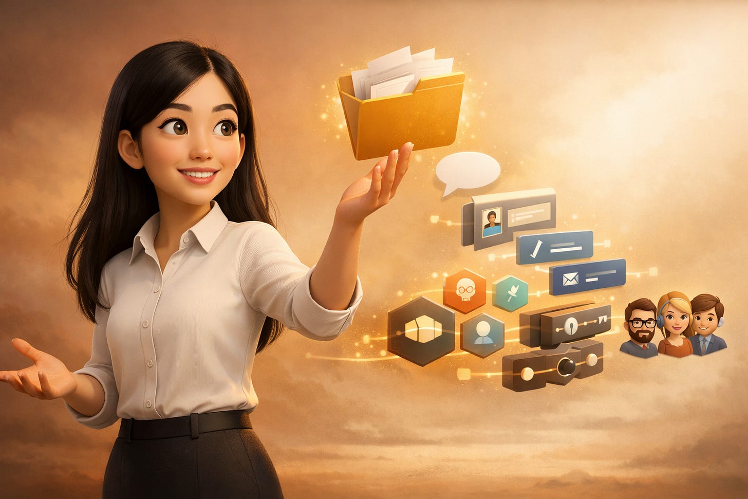 Pixar-style 3D illustration of Jenny Ouyang from Build to Launch guiding a layered Claude workflow from a work folder to Cowork, commands, skills, plugins, connectors, and team adoption, representing Claude onboarding for knowledge workers. Pixar-style 3D illustration of Jenny Ouyang from Build to Launch guiding a layered Claude workflow from a work folder to Cowork, commands, skills, plugins, connectors, and team adoption, representing Claude onboarding for knowledge workers.