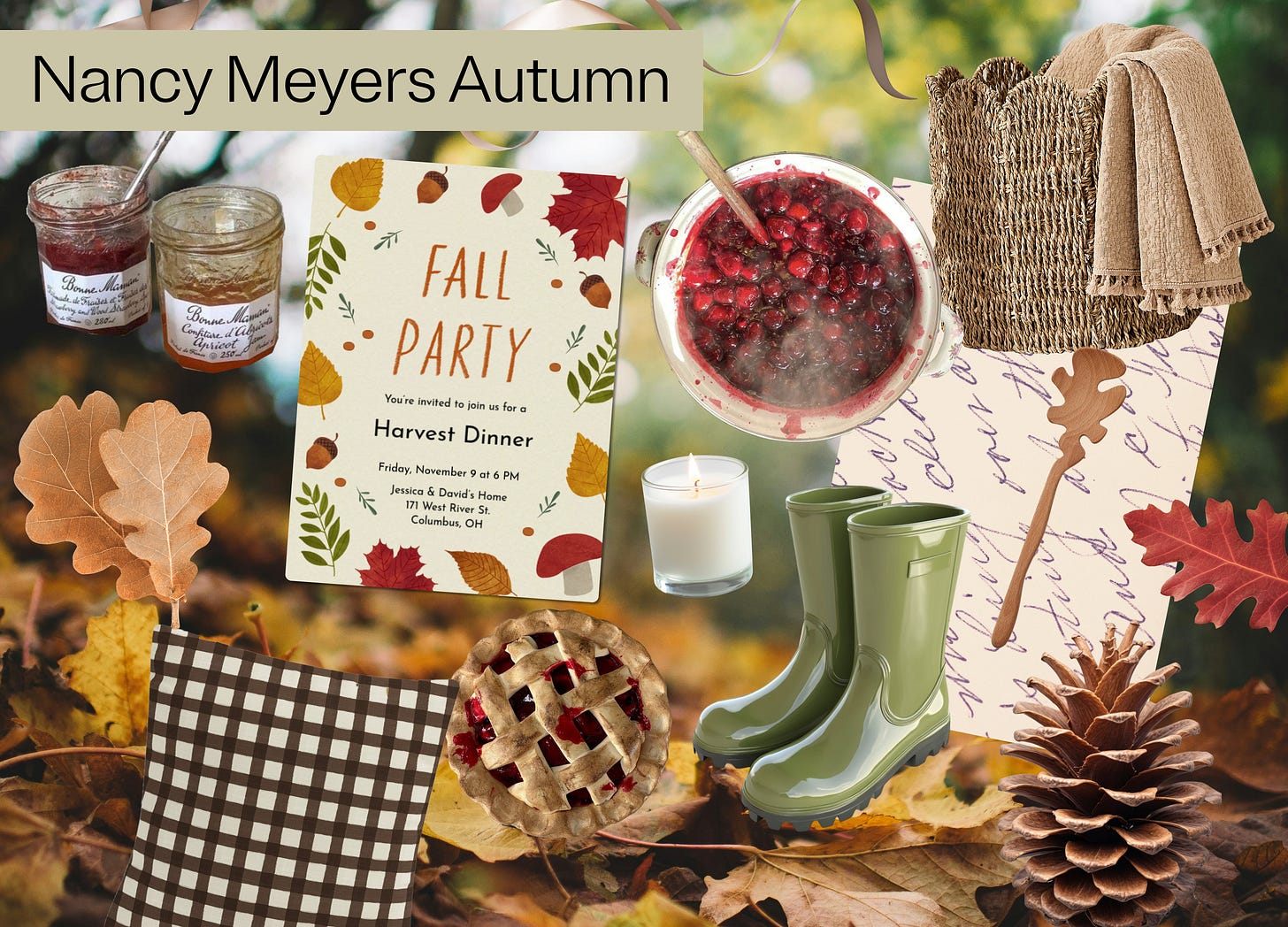 A collage showing a Nancy Meyers Autumn party invitation and items needed to host the cozy party