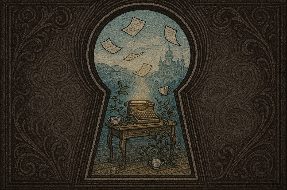 An ornate Victorian-style keyhole dominates the center of this landscape-oriented illustration, rendered in a textured, woodcut-style. Surrounding the keyhole is a richly patterned dark brown frame with swirling floral engravings. Through the keyhole, viewers glimpse a whimsical and inviting writing scene: a vintage wooden desk sits in the foreground, entwined with leafy vines and flanked by floating teacups and scattered pages. A softly glowing typewriter rests atop the desk, emitting a gentle wisp of light. In the distance, abstract castle-like architecture rises among rolling hills, all bathed in muted pastel blues and golden tones that subtly contrast the sepia-toned frame. The overall tone is dreamlike, merging the feel of a storybook world with quiet nods to writing and imagination.” An ornate Victorian-style keyhole dominates the center of this landscape-oriented illustration, rendered in a textured, woodcut-style. Surrounding the keyhole is a richly patterned dark brown frame with swirling floral engravings. Through the keyhole, viewers glimpse a whimsical and inviting writing scene: a vintage wooden desk sits in the foreground, entwined with leafy vines and flanked by floating teacups and scattered pages. A softly glowing typewriter rests atop the desk, emitting a gentle wisp of light. In the distance, abstract castle-like architecture rises among rolling hills, all bathed in muted pastel blues and golden tones that subtly contrast the sepia-toned frame. The overall tone is dreamlike, merging the feel of a storybook world with quiet nods to writing and imagination.”