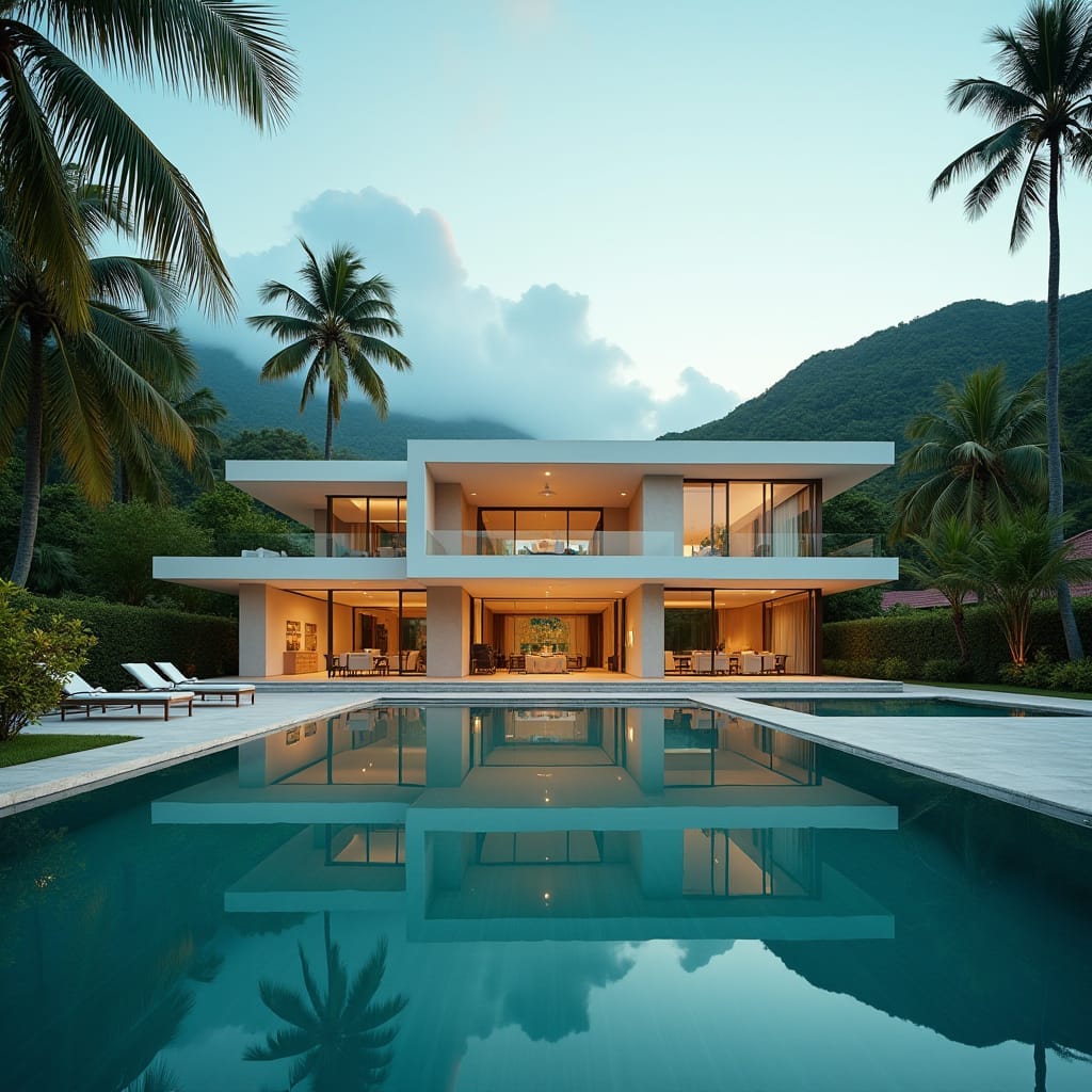 A modern Jamaican mansion with clean lines, square silhouettes, and expansive openings, set against a vibrant tropical landscape