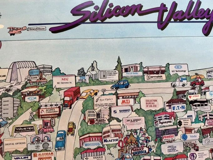 An illustrated vintage map showing the original headquarters of Silicon Valley legends. An illustrated vintage map showing the original headquarters of Silicon Valley legends.