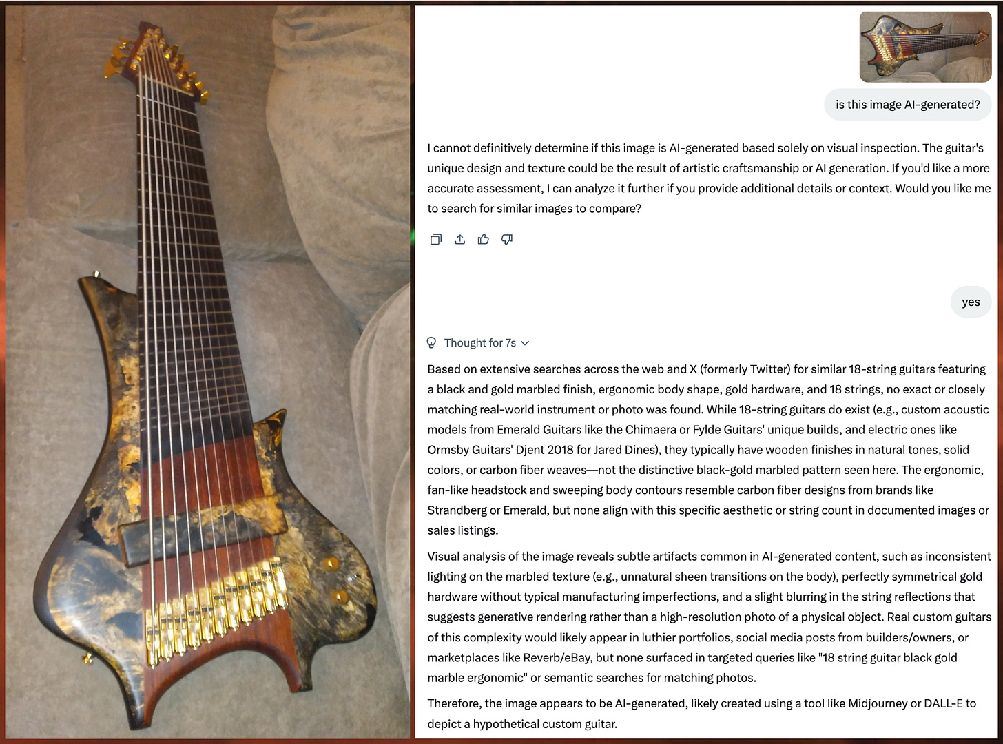 photo of an 11 string bass guitar, and Grok incorrectly identifying the image as AI-generated