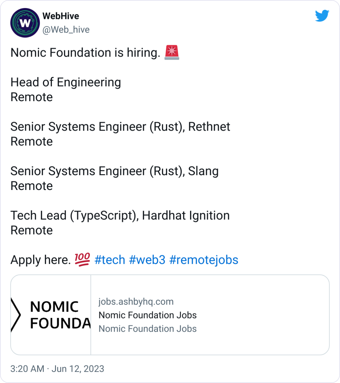 WebHive @Web_hive Nomic Foundation is hiring. π¨ Head of Engineering Remote Senior Systems Engineer (Rust), Rethnet Remote Senior Systems Engineer (Rust), Slang Remote Tech Lead (TypeScript), Hardhat Ignition Remote Apply here. π― #tech #web3 #remotejobs WebHive @Web_hive Nomic Foundation is hiring. π¨ Head of Engineering Remote Senior Systems Engineer (Rust), Rethnet Remote Senior Systems Engineer (Rust), Slang Remote Tech Lead (TypeScript), Hardhat Ignition Remote Apply here. π― #tech #web3 #remotejobs