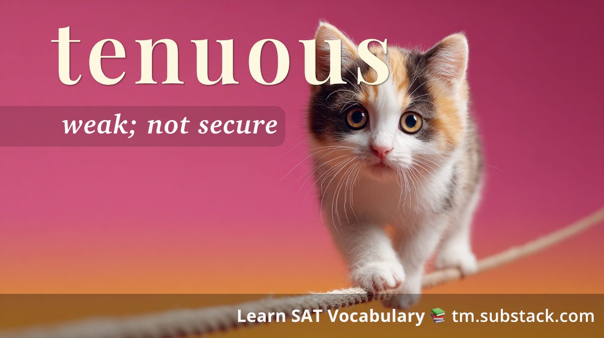 Illustration of a kitten carefully walking a tightrope; used to illustrate the SAT word 'tenuous'.