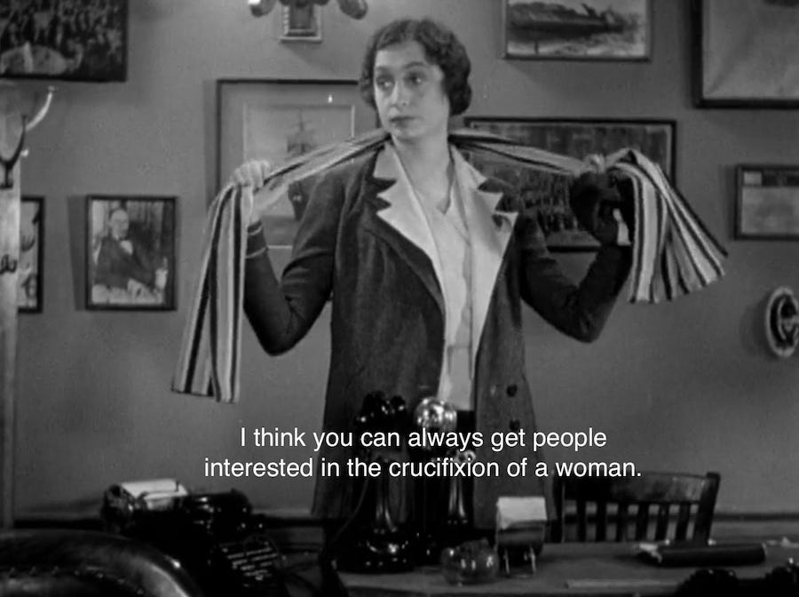 Aline MacMahon, in a scene from Five Star Final, with one of the movie’s most devastating lines: “I think you can always get people interested in the crucifixion of a woman.” Aline MacMahon, in a scene from Five Star Final, with one of the movie’s most devastating lines: “I think you can always get people interested in the crucifixion of a woman.”