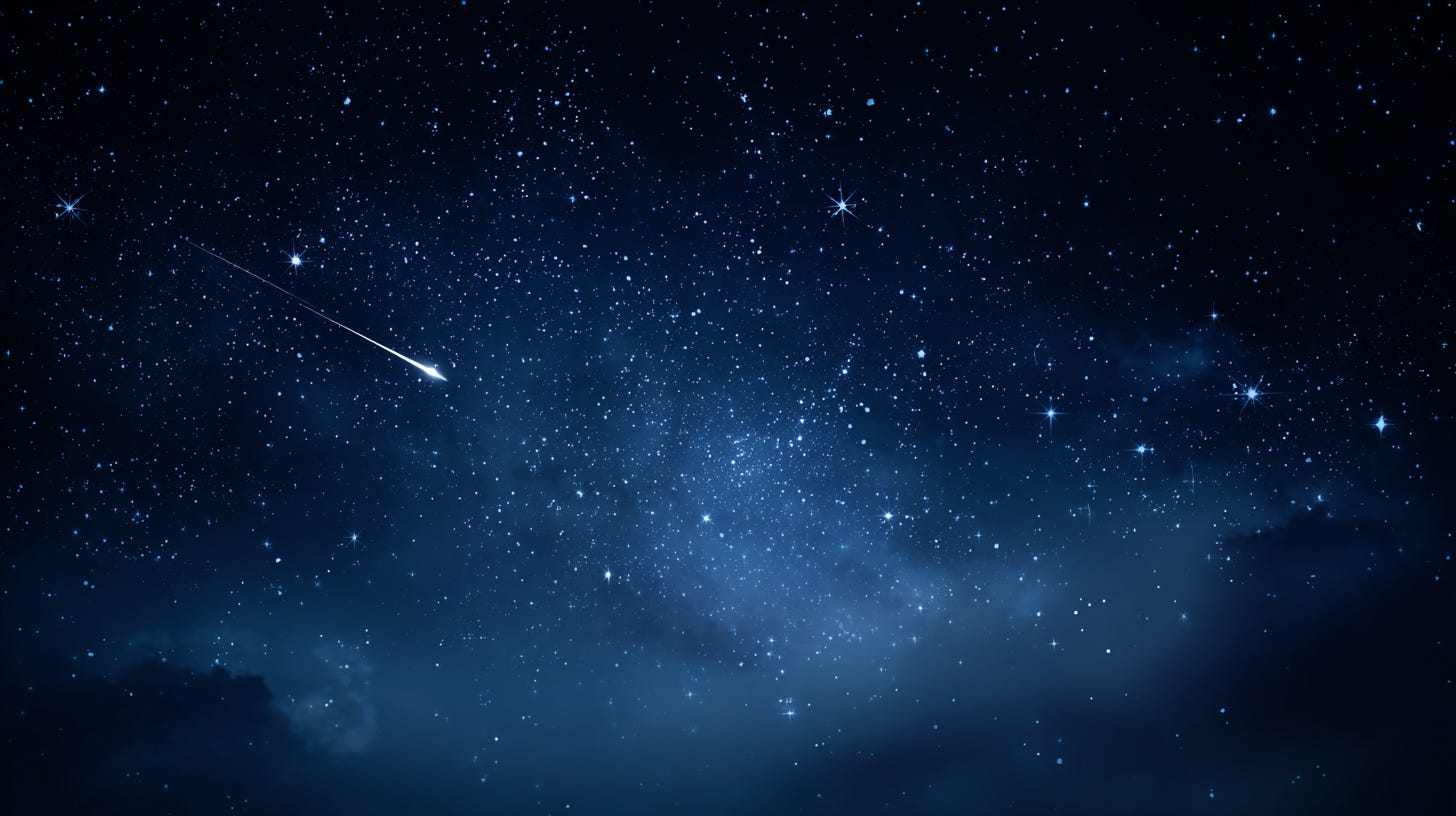 A blue night sky with multiple stars and a meteor.