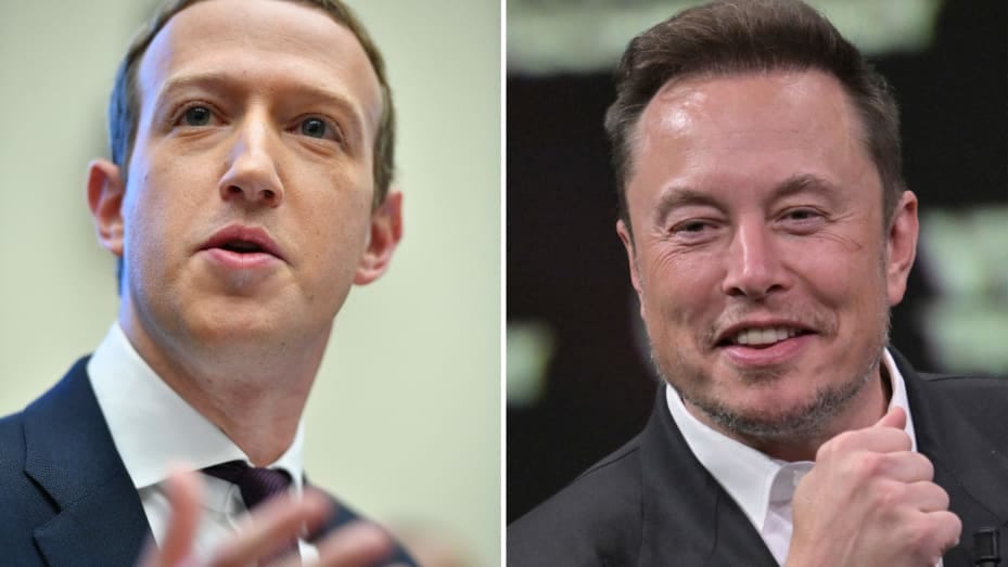 (COMBO/FILES) This combination of file photographs created on June 22, 2023 shows SpaceX, Twitter and electric car maker Tesla CEO Elon Musk during his visit at the Vivatech technology startups and innovation fair at the Porte de Versailles exhibition center in Paris on June 16, 2023 (R) and Facebook founder Mark Zuckerberg testifying before the House Financial Services Committee in the Rayburn House Office Building in Washington, DC on October 23, 2019. Tech titans Zuckerberg and Musk are in a fierce busin (COMBO/FILES) This combination of file photographs created on June 22, 2023 shows SpaceX, Twitter and electric car maker Tesla CEO Elon Musk during his visit at the Vivatech technology startups and innovation fair at the Porte de Versailles exhibition center in Paris on June 16, 2023 (R) and Facebook founder Mark Zuckerberg testifying before the House Financial Services Committee in the Rayburn House Office Building in Washington, DC on October 23, 2019. Tech titans Zuckerberg and Musk are in a fierce busin