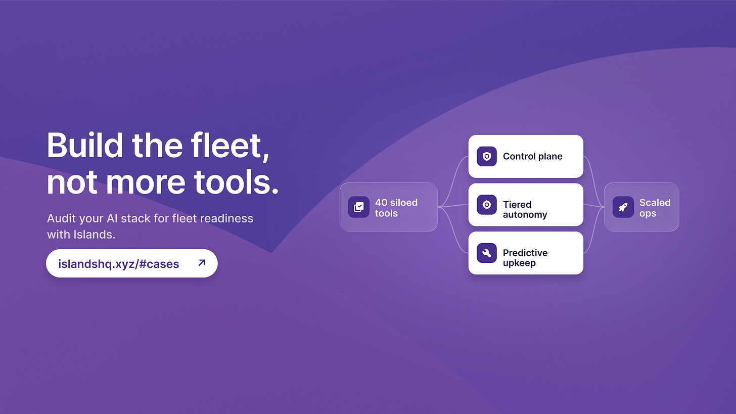 Islands CTA to build the fleet, with a flow from 40 siloed tools through a control plane, tiered autonomy and predictive upkeep to scaled ops.