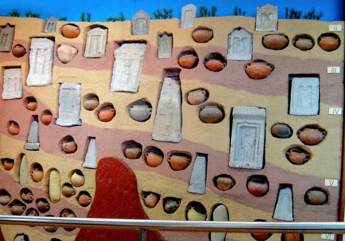 An exhibit at the Sant’Antioco Archaeological Museum in Sardinia recreates the stratified layers of Sulci’s Punic tophet, displaying offering bowls used for infants’ remains alongside dedicatory stelae. The Phoenician settlement of Sulci lay within the Carthaginian sphere of influence from the 8th century B.C.E. until its Roman conquest in the 1st century B.C.E., when the practice of child sacrifice was outlawed. Photo: Daniel Ventura, Wikipedia.