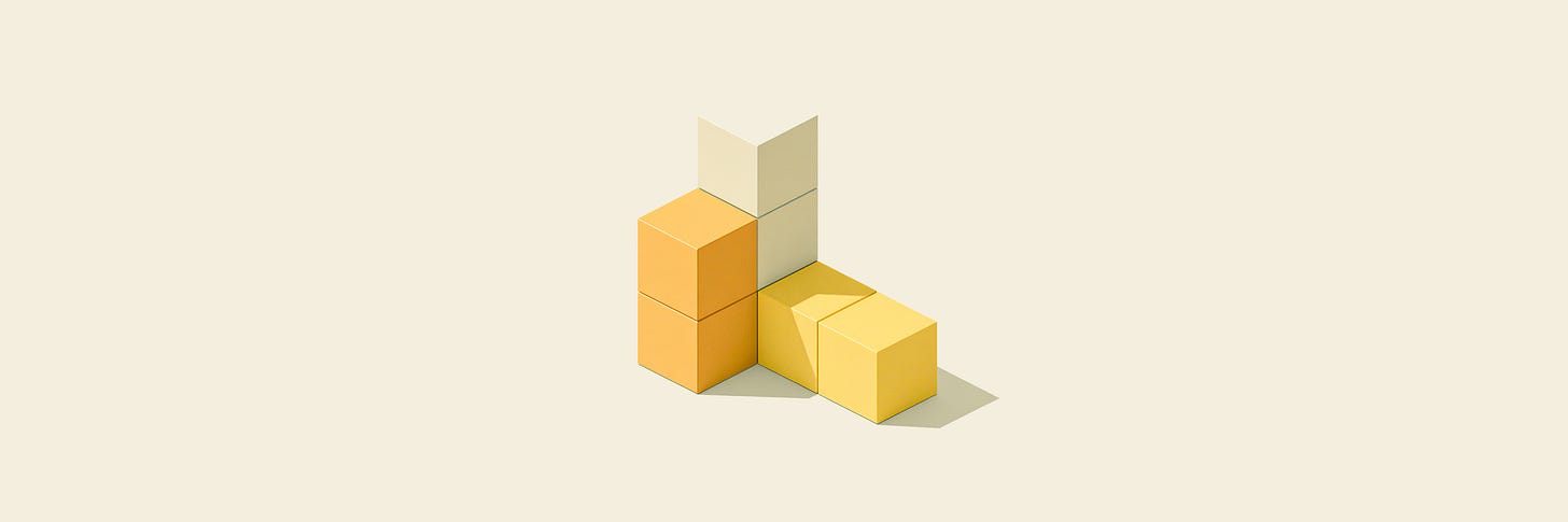 A yellow L-shaped tetromino block in the same minimalist isometric style, against a warm cream background, matching the Lego brick's rendering.