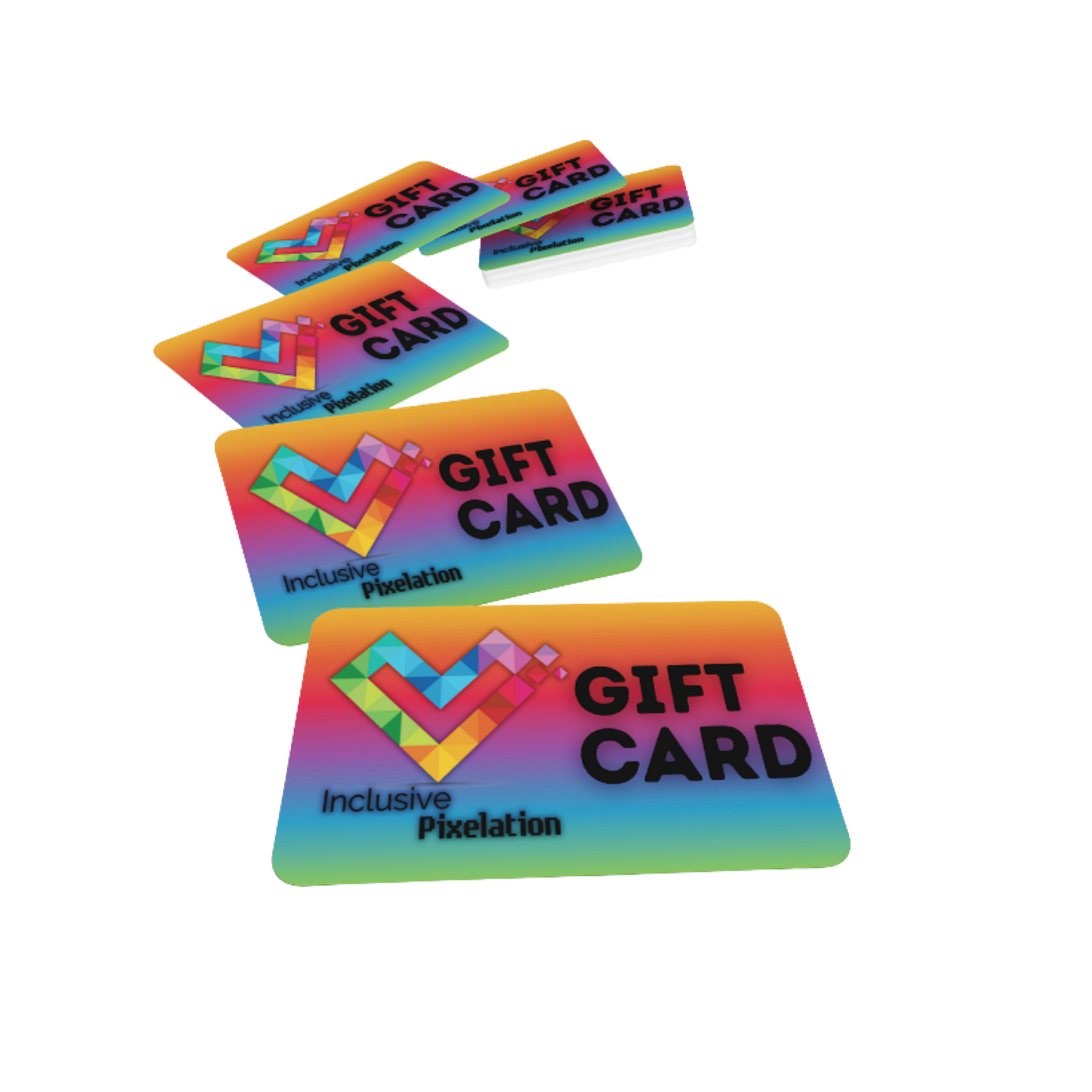 A group of Inclusive Pixelation gift cards. The cards have a rainbow gradient background and the Inclusive Pixelation rainbow heart logo.
