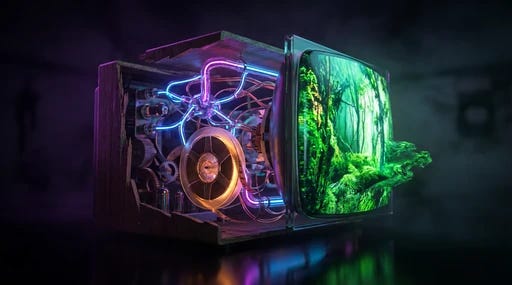 An old television showing a movie with a film reel and glowing brain-like circuits behind it. An old television showing a movie with a film reel and glowing brain-like circuits behind it.