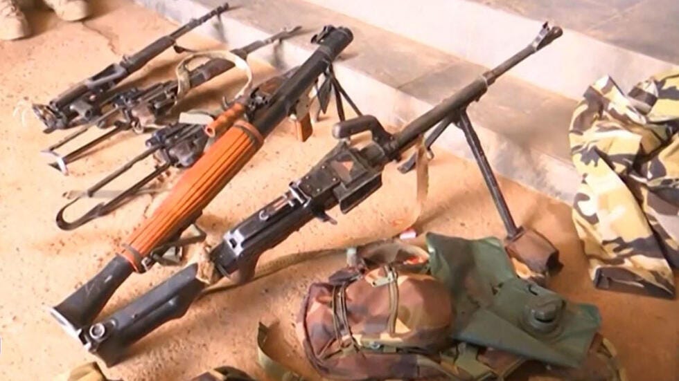 This video grab obtained by AFPTV from Office de Radiodiffusion-Télévision du Mali (ORTM) on September 17, 2024 shows what appears to be weapons seized by the military in Bamako. This video grab obtained by AFPTV from Office de Radiodiffusion-Télévision du Mali (ORTM) on September 17, 2024 shows what appears to be weapons seized by the military in Bamako.