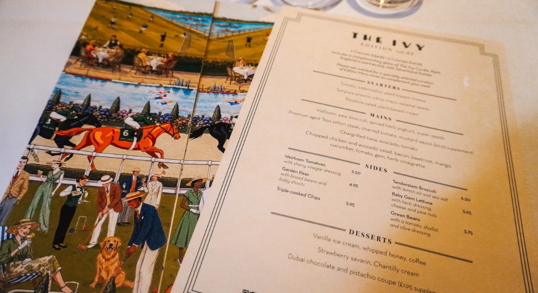 A table with a menu with tennis, polo, and croquet illustrations to the left and writing to the right A table with a menu with tennis, polo, and croquet illustrations to the left and writing to the right
